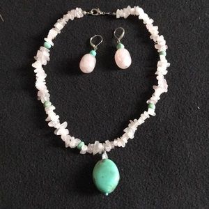Rose Quartz Necklace w/Polished Turquoise Pendant